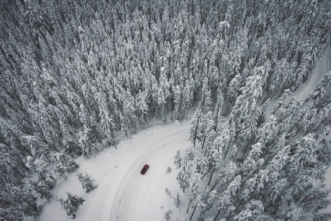 A car driving through a snowy forest