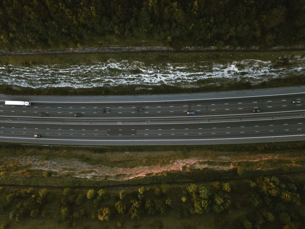 Cars driving on a motorway from above